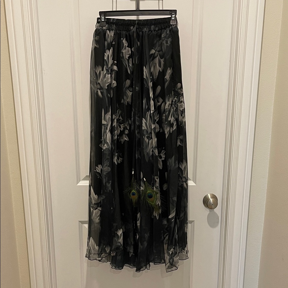 Elegant Black Floral Skirt with peacock feather ties